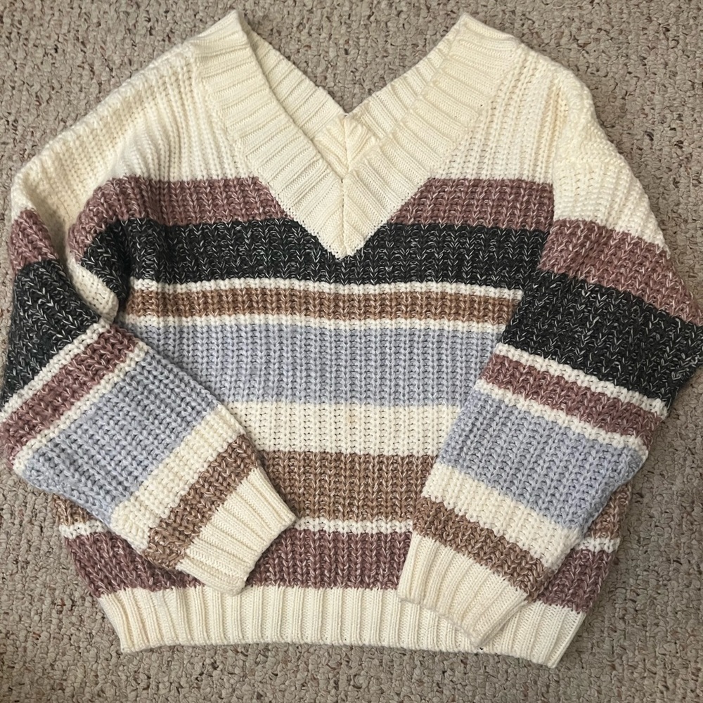 Striped V-Neck Chunky Knit Sweater